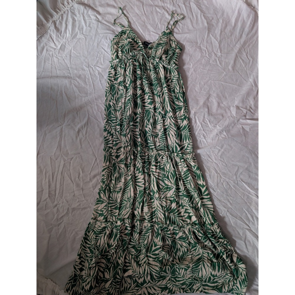 ARDEN B Maxi Dress Green White Tropical Leaf Print Spaghetti Strap Tiered M